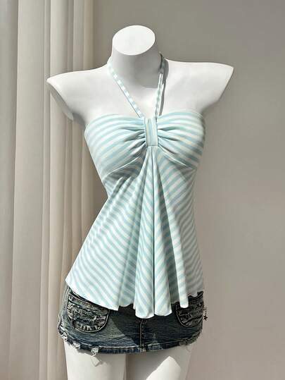 Elamini Women's Gray Striped Casual Sleeveless Halter Top, Versatile New Style, Spring/Autumn