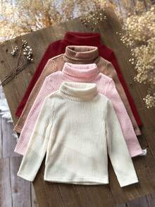 SHEIN Emery Rose Kids 女童少女 4件組 高領羅紋針織休閒T恤，高領疊層T恤，秋季服飾，適合日常休閒穿著 - 酒紅色 - 查看 7