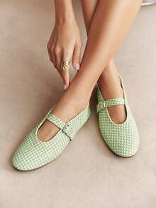 Rosivie Zapatos Mary Jane tejidos franceses, punta redonda con suela plana, estilo retro para uso diario y desplazamientos, zapatos de mujer con vampo bajo - Verde claro - Ver 6
