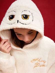HARRY POTTER X SHEIN 少女猫头鹰刺绣字母印花舒适抓绒卫衣，休闲保暖，秋冬季，Hedwig - 白色 - 查看 4