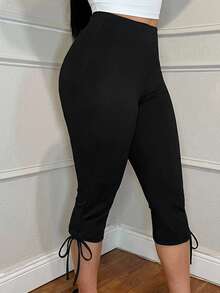 SHEIN SXY Women's Solid Color Casual Versatile Daily Wear Split Hem Capri Length Leggings - Black - View 4