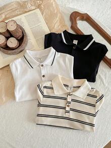 SHEIN 兒童青少年男孩買2送1，3件組休閒運動學院風翻領 Polo 衫，條紋 Polo 衫、卡其色 Polo 衫、黑色 Polo 衫 3 件套，適合返校、日常穿著舒適，適用於學校、旅行 - 彩色 - 查看 2