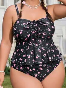 Swim Mod Conjunto de bikini halter con estampado floral para tallas grandes, con cordón ajustable, tirantes ajustables, Bottom de traje de baño con volantes y cintura alta, traje de baño para vacaciones y playa - Negro - Ver 4