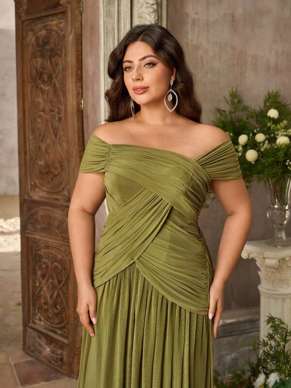 Aureia Plus Size Elegant Romantic Green Off-Shoulder Ruched Patchwork A-Line Evening Dress, Suitable For Evening Party, Date, Ball, Vacation, Wedding, Event, Bridesmaid Dress
