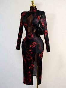 Mistrie Sexy Women's Hollow Front Stand Collar Button Faux Cheongsam High Slit Maxi Dress - Red and Black - View 4