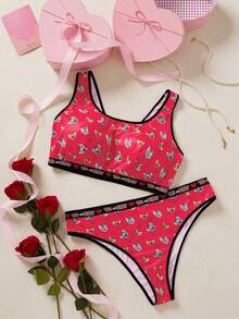 TOM & JERRY X SHEIN Plus Size Heart Print Comfortable Bra & Panty Set - Multicolor - View 1