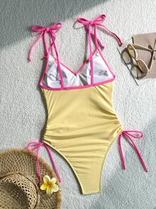 Swim Vcay 女款春夏純色細肩帶綁帶連身泳衣 - 黃色 - 查看 3