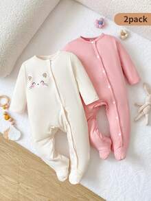 SHEIN Playful Pals 新生兒嬰兒 2 件套可愛粉色連身衣 貓咪印花蝴蝶結長袖按扣式 - 彩色 - 查看 1
