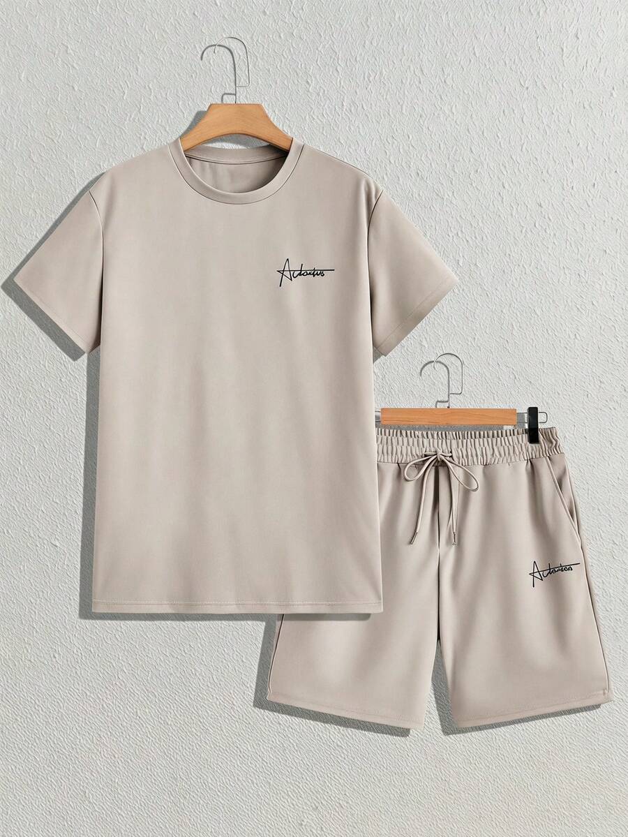 EASEVO Conjunto de camiseta y pantalones cortos con estampado de letras para hombre de talla grande - Albaricoque - Ver 1