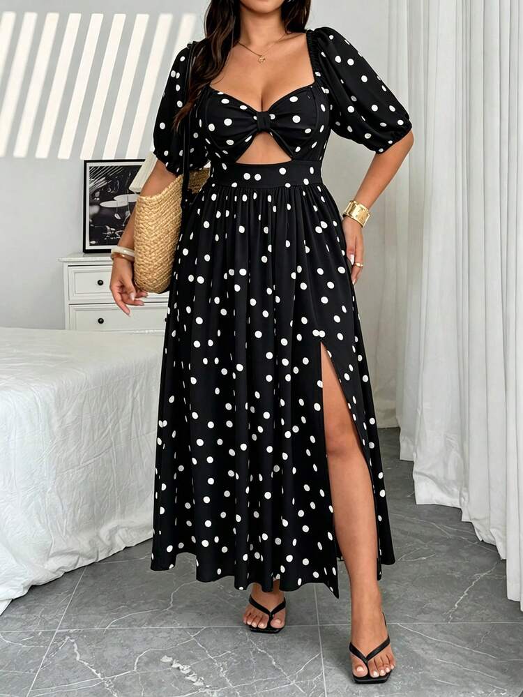 Vionelle Plus Size Vintage Sexy 70's Boho Polka Dot Petal Sleeve Hollow Out Slit Dress Wedding Guest Date Night Vacation Party Black And White Summer - Black - View 1
