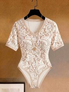 SHEIN Franclia Body de mujer de punto con cuello en V, ajustado, con estampado de rayas y bloques de color, minimalista y versátil - Albaricoque - Ver 3