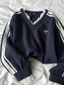 DAZY Sweatshirt Kasual Wanita dengan Hiasan Renda dan Pita, Cocok untuk Sekolah Sehari-hari, Atasan Lucu - Navy Blue - View 6