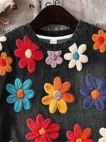 Conjunto de 2 piezas para niña preadolescente, camiseta de manga corta con cuello redondo y shorts holgados, estilo casual y lindo, con textura y estampado floral menudo, todo negro, floral campestre, para verano - Multicolor - Ver 5
