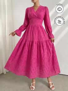 Modelyn Women's Elegant V-Neck Ruffled Sleeve Embroidered Vacation Dress Fall Cloth For Women - Hot Pink - View 3