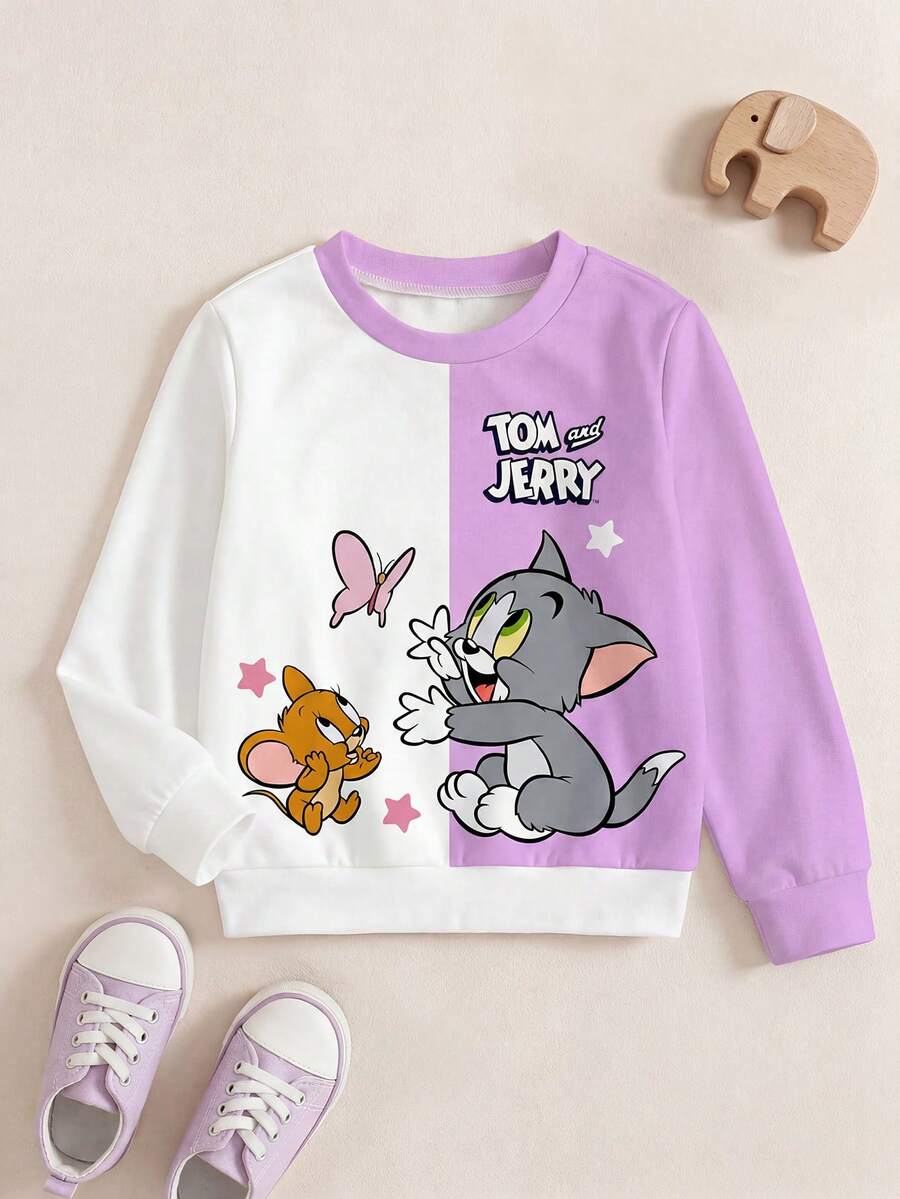 TOM & JERRY X SHEIN 女婴休闲拼色卡通图案圆领卫衣,秋季 - 白色 - 查看 1