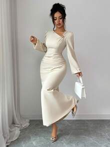 Elenzga Women's Elegant Solid Color Metal Decor Asymmetric Collar Long Sleeve Slim Fit Ruched Waist Dress, Elegant Fashion Autumn Office Commute Casual Charming Vintage Dress - Apricot - View 3