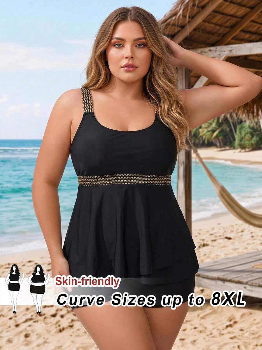 SHEIN CURVE+ 2026 Summer Beach Vacation Plus Size Color Block Panel Wide Strap Bikini Set With Tank Top And Shorts Black Sexy Tropical - Black - View 1