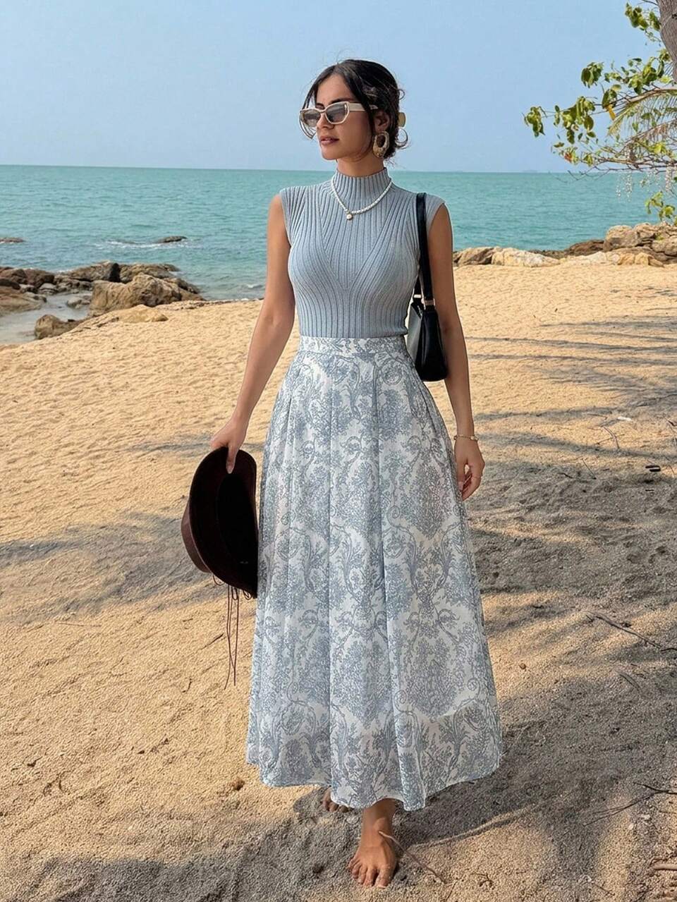 Women's Elegant Solid Color Collared Top And A-Line Floral Skirt 2-Piece Set, Summer,Wedding Guest Dress Women