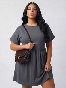 Solavibe Plus Size Women's Solid Color Round Neck Short Sleeve Pocket Design Casual Dressy Dress Dinner Formal Home Wear Date Night Grey Summer - Grey - View 6