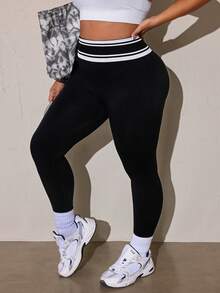 SHEIN Rhythm Era Women's Plus Size Colorblock High-Waist Casual Versatile Daily Wear Tight Leggings - Black - View 6