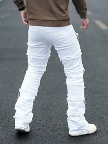 Manfinity LEGND Men's Plus Size Solid Color Frayed Hem Casual Versatile Daily Wear Cargo Pants - White - View 2