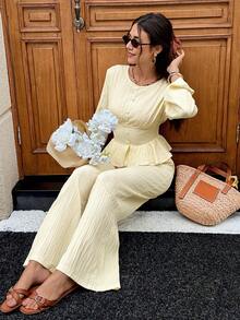 Serisse Women's Elegant Romantic Pale Yellow Pleated Ruffles Long Sleeve Top And Pants Casual Daily 2 Pieces Set Afternoon Tea Back To School Work - Light Yellow - View 9