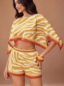 Glamance Animal Print Zebra Print Shawl Top And Elastic Waist Shorts Vacation Beach Outfit Night Out - Khaki - View 5