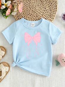 Elladie kids 女童時尚清新極簡風粉色蝴蝶結與愛心圖案印花休閒基礎款短袖T恤 - 藍色 - 查看 4