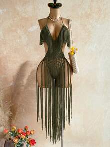 Soleia Vestido de cobertura de moda para mujer con cuello halter, borlas y diseño calado, para vacaciones en la playa, verde oliva, estilo bohemio de verano, para traje de baño y bañadores - Verde militar - Ver 3