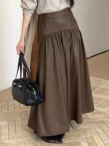 DAZY Women's PU Leather Casual Long Skirt - Brown - View 3