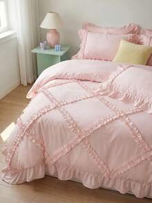 3pcs Korean Style Ruffled Bedding Set, White & Pink Duvet Cover Queen Size - Super Soft Duvet Cover Series - Lightweight, Breathable Bedding (Queen, White) - Baby Pink - View 5