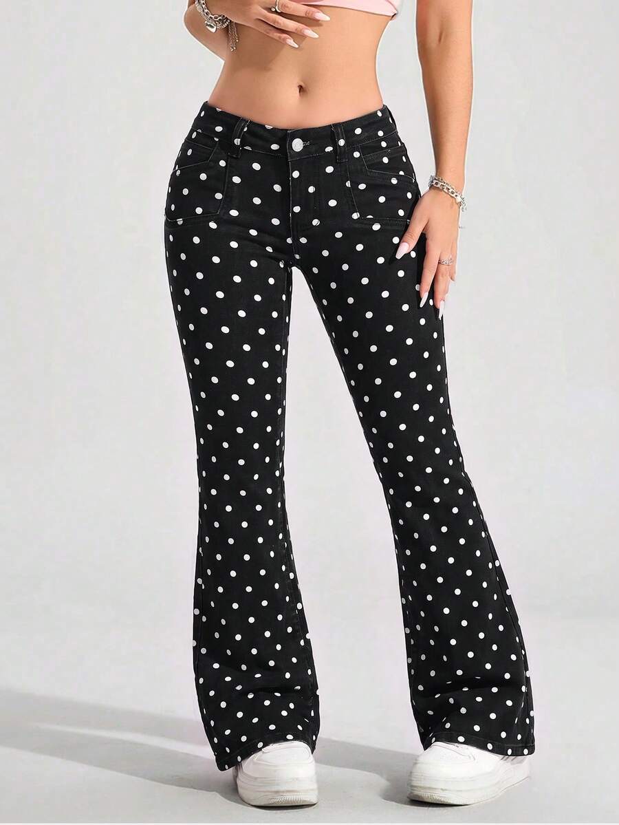 SHEIN PETITE 女款波點鈕扣休閒百搭日常穿著牛仔褲 - 黑色 - 查看 1