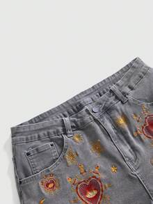 ROMWE Grunge Punk Y2K 千禧復古星月占星刺繡大尺碼丹寧捲邊短褲 - 灰色 - 查看 3