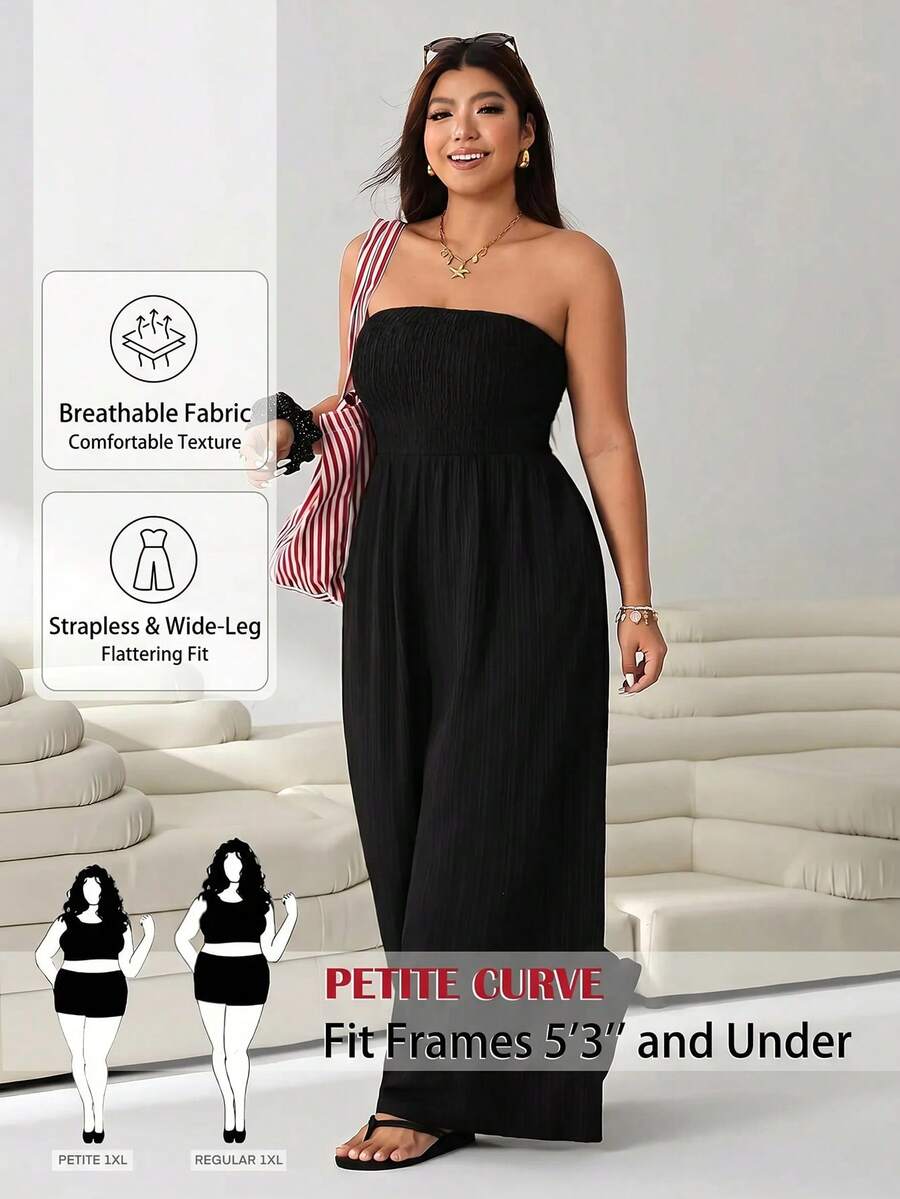 SHEIN PETITE CURVE Plus Size Women's Solid Color Backless Wide Leg Jumpsuit Fall Women - Black - View 1