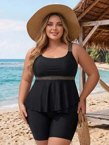 SHEIN CURVE+ 2026 Summer Beach Vacation Plus Size Color Block Panel Wide Strap Bikini Set With Tank Top And Shorts Black Sexy Tropical - Black - View 4