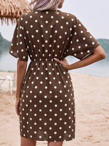 Wandoria Women's V-Neck Ruched Waist Layered Ruffle Cap Sleeve Short Sleeve Romantic Polka Dot Coffee Brown Base Short Dress French Elegant Sophisticated Formal Office Commute Casual Beach Vacation Beach Style Minimalist Afternoon Tea Party Home Leisure Comfortable Bohemian Style Summer Dress - Coffee Brown - View 2