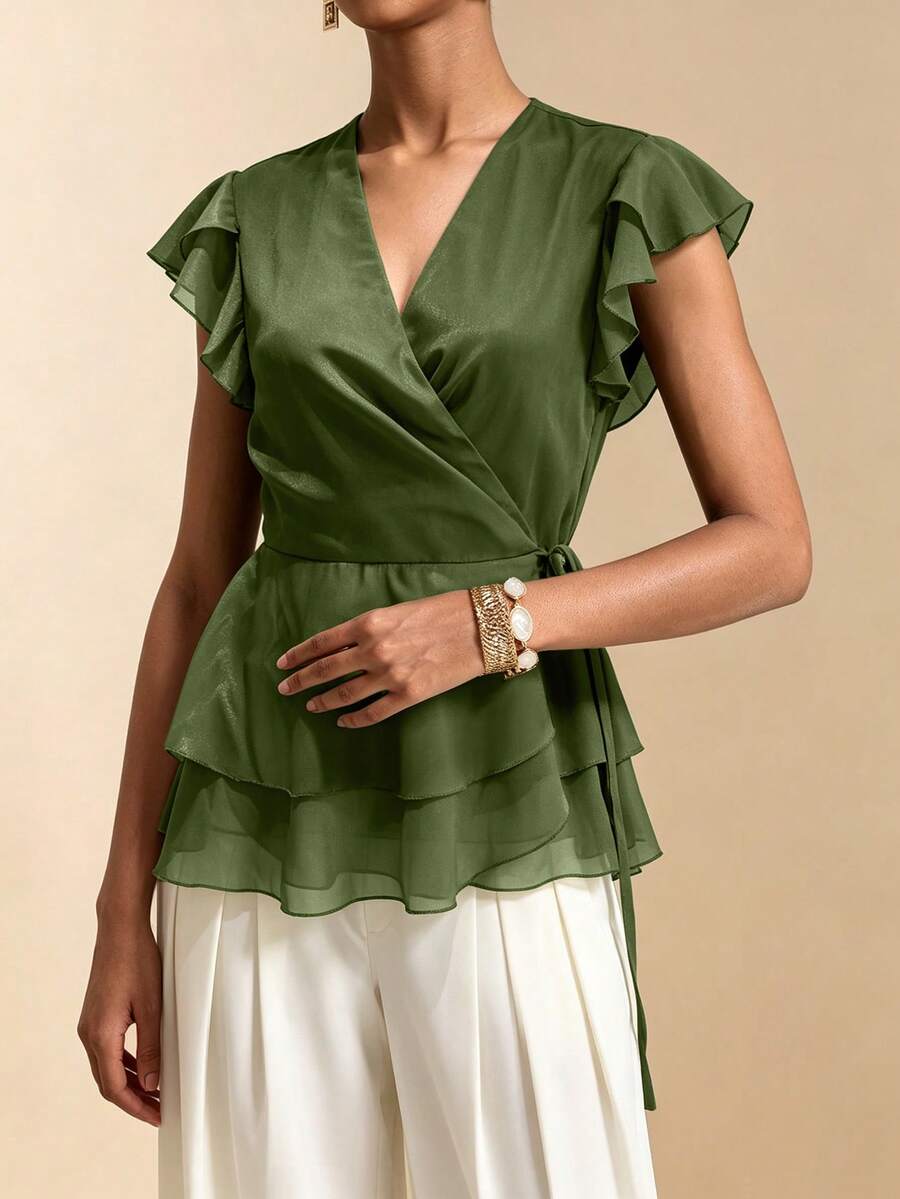 Elafinee Women's Olive Green Chiffon Ruffle V-Neck Waist-Cinching Short Sleeve Blouse, European And American Summer Style - Olive Green - View 1