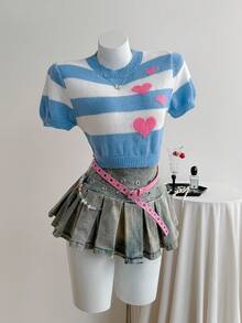 Elamini Heart Pattern Short Sleeve Cropped Women Knit Top For Summer Back-To-School Everyday Graduation School Blue And White Stripe Y2k - Blue and White - View 2