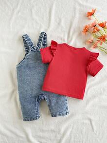 SHEIN Playful Pals 2件組女嬰可愛刺繡花朵藍色牛仔吊帶褲與紅色條紋軟布圓領短袖T恤，適合夏季親子穿搭 - 紅色 - 查看 2