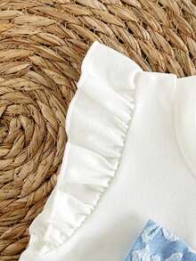 Vintaside Kids 6-9M-2-3Y 嬰兒女童兩件套，甜美藍色花卉提花布料蝴蝶結裝飾荷葉袖圓領上衣 & 鬆緊腰藍色開衩短褲，適合日常穿著、派對及其他場合 - 藍色 - 查看 6