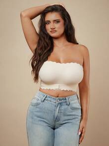 SHEIN BAE CURVE 大码纯色抹胸文胸 - 杏色 - 查看 5
