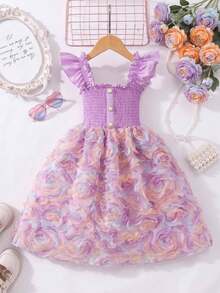 SHEIN 女童公主洋裝，紫色3D花朵，紫色細肩帶洋裝，荷葉袖，生日派對、婚禮度假洋裝，奢華優雅可愛甜美 - 紫色 - 查看 4