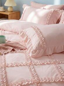 3pcs Korean Style Ruffled Bedding Set, White & Pink Duvet Cover Queen Size - Super Soft Duvet Cover Series - Lightweight, Breathable Bedding (Queen, White) - Baby Pink - View 2