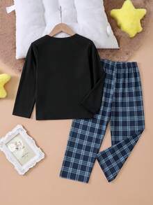 SHEIN Tween Boy Letter Print Top & Plaid Pants Loungewear - Black - View 2
