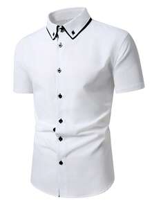 Manfinity Mode 對比領短袖修身白色襯衫，夏季男士極簡紳士風日常通勤襯衫 - 白色 - 查看 7