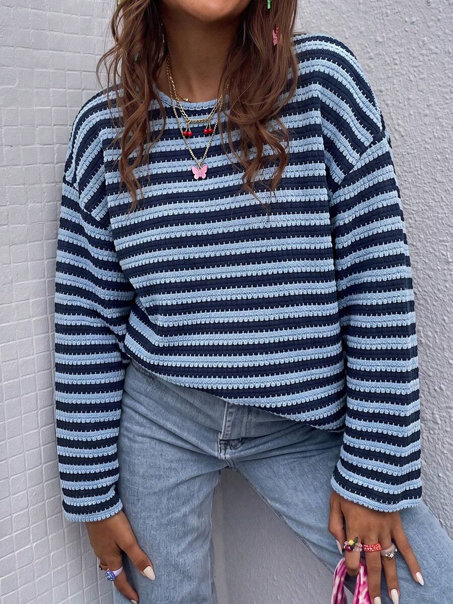 SHEIN LUNE Women's Blue Striped Slouchy Crew Neck Loose Knit Slimming Versatile Long Sleeve T-Shirt - Multicolor - View 1