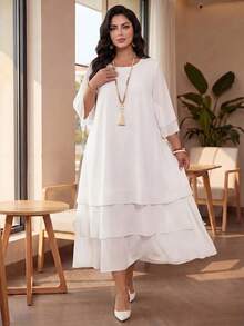 Auveirra Plus Size Women Solid Color Round Neck Casual Elegant Daily Autumn Dress Wedding Formal Tea Party Dinner White Fall - White - View 1