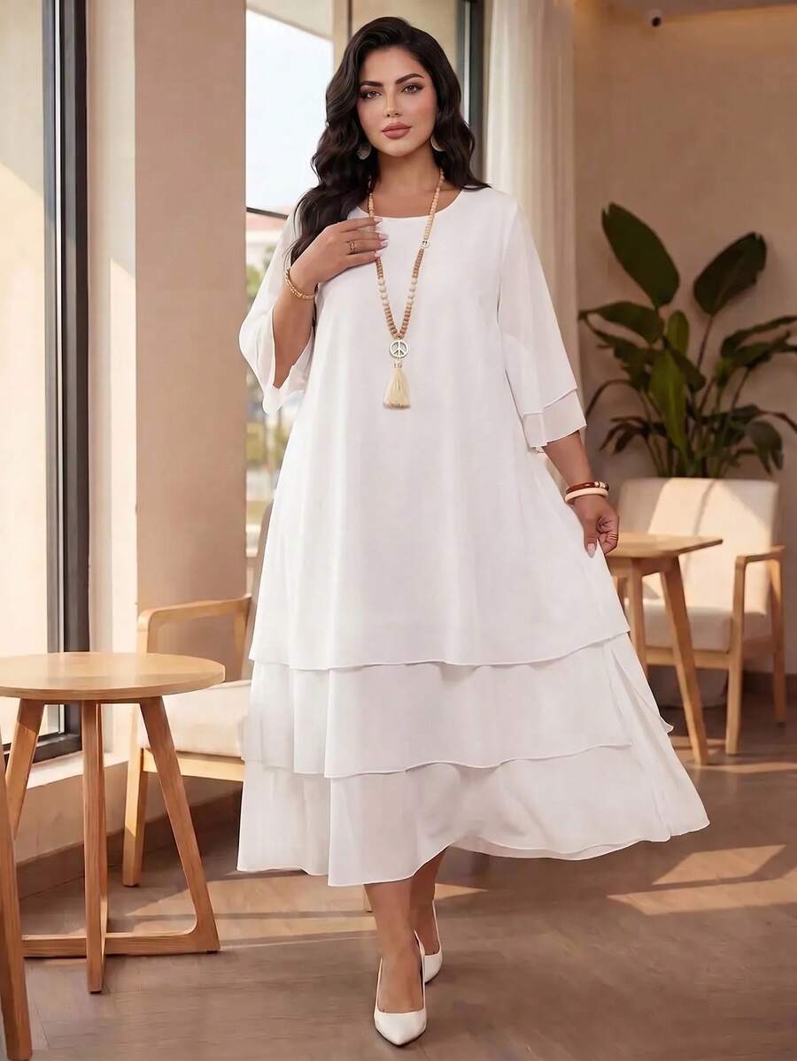 Auveirra Plus Size Women Solid Color Round Neck Casual Elegant Daily Autumn Dress Wedding Formal Tea Party Dinner White Fall - White - View 1