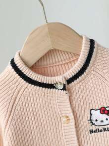 HELLO KITTY AND FRIENDS | SHEIN GraphicGems Baby Girls Cardigans Embroidered Top Design Black Apricot Knit Sweater Baby Clothes Comfortable Soft Sporty All-Match Versatile Sweet Cute Casual Minimalist Daily Suitable For Autumn Winter Travel Outing Party Outdoor Play Picnic School - Apricot - View 4