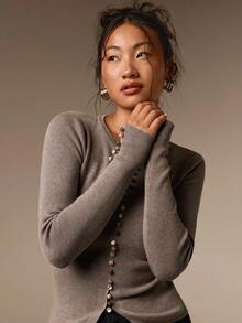 COSMINA Women's Casual Elegant Agate Button Light Brown Knit Top - Coffee Brown - View 1